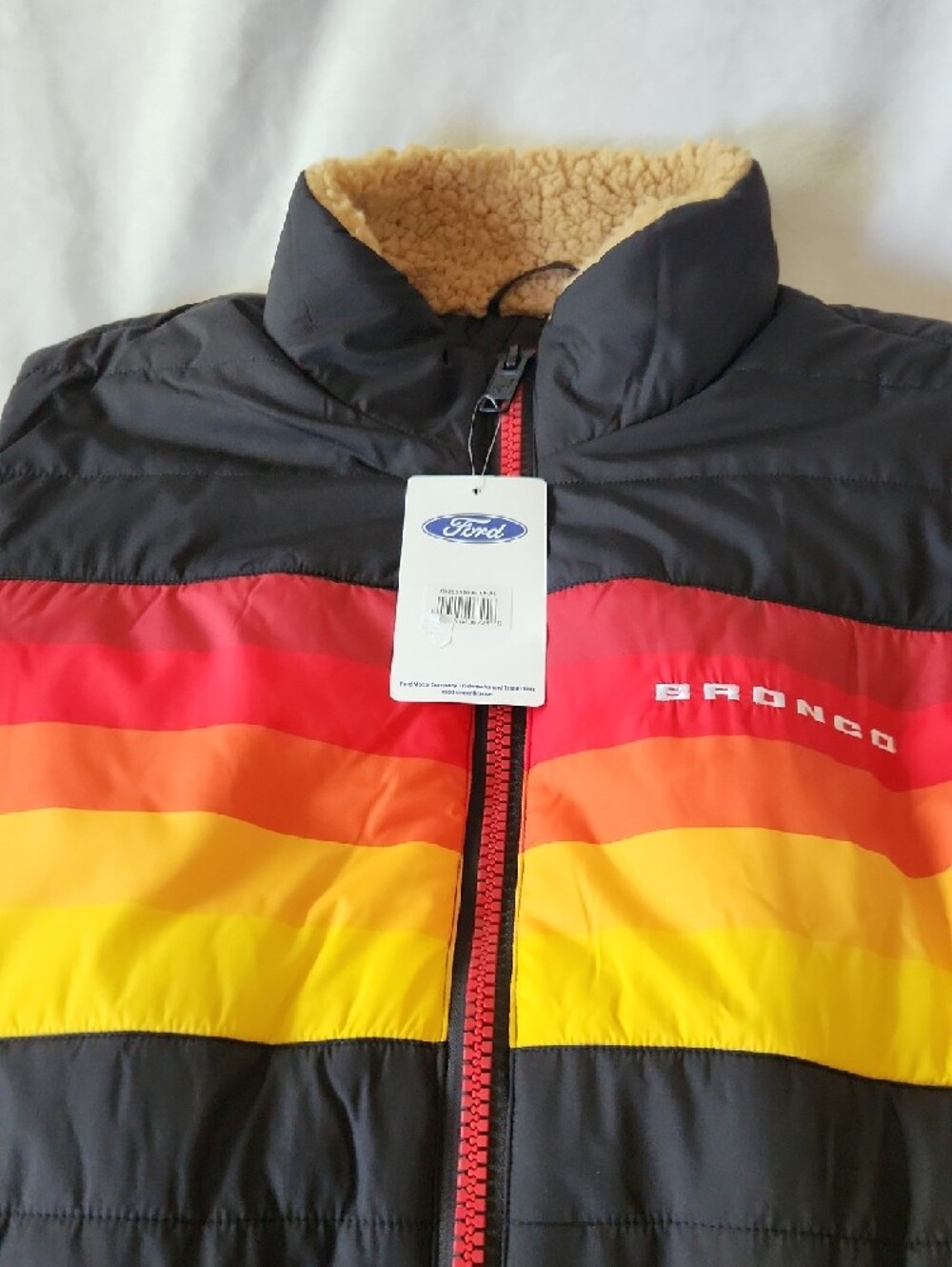 Official Ford Black Puffer Vest with Red, Orange & Yellow Stripes - Picture 7 of 8